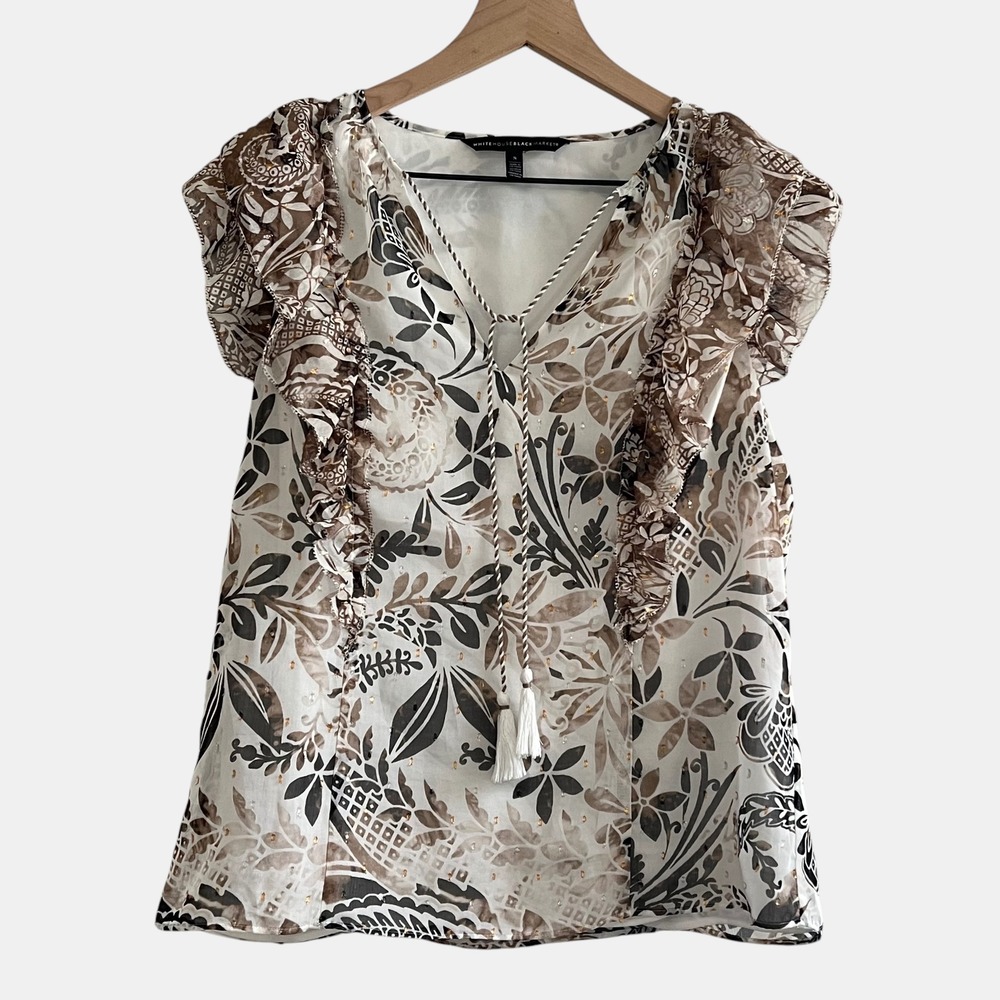 White House Black Market Small Flutter Sleeve Tassel Tie Botanical Print Blouse
